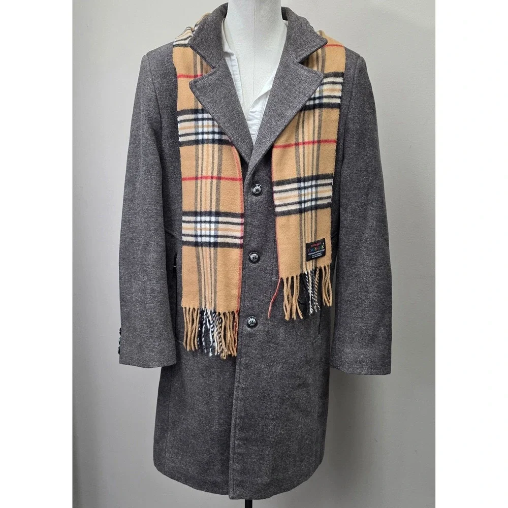 Nordstrom Cashmink Scarf Mens Tan Plaid Check Made in Germany Acrylic Fringe